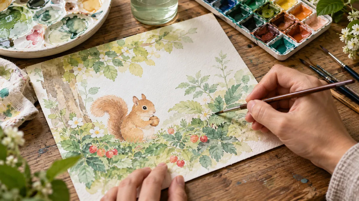 水彩絵の具と筆で絵本の原画を描いている手元