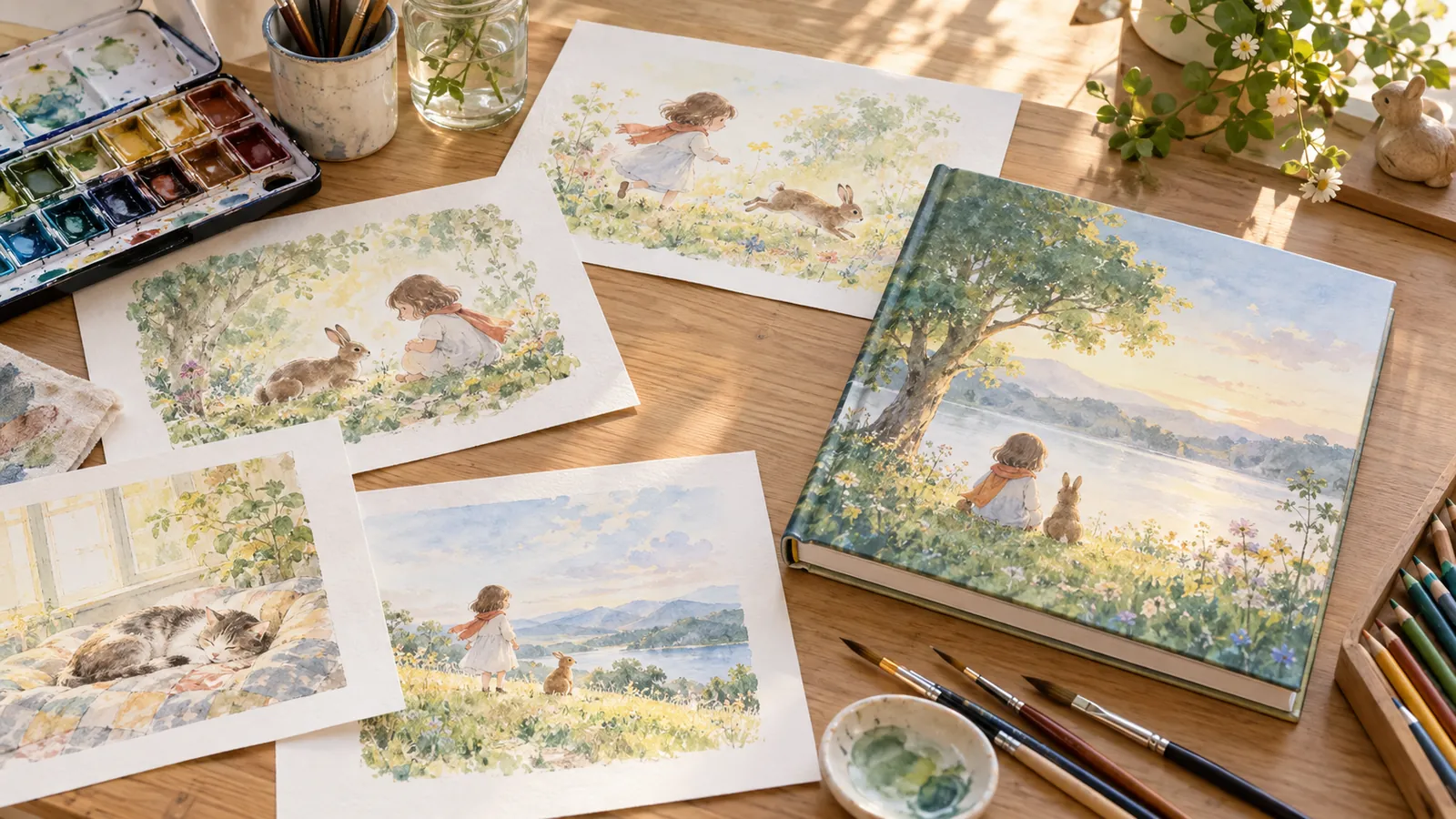 木の机に広げた水彩の絵本の原画と絵の具、色鉛筆、完成したハードカバーの絵本