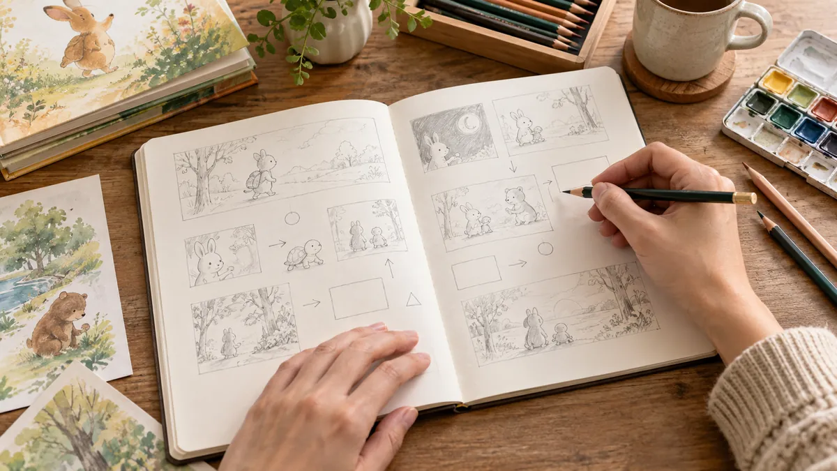 ノートに書いたお話のメモと小さなラフスケッチ