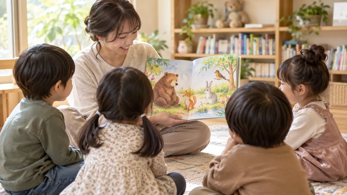 大人が子どもたちに絵本を読み聞かせている場面